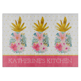 Tabla De Cortar Piñas tropicales rosadas y doradas y puntos de pol