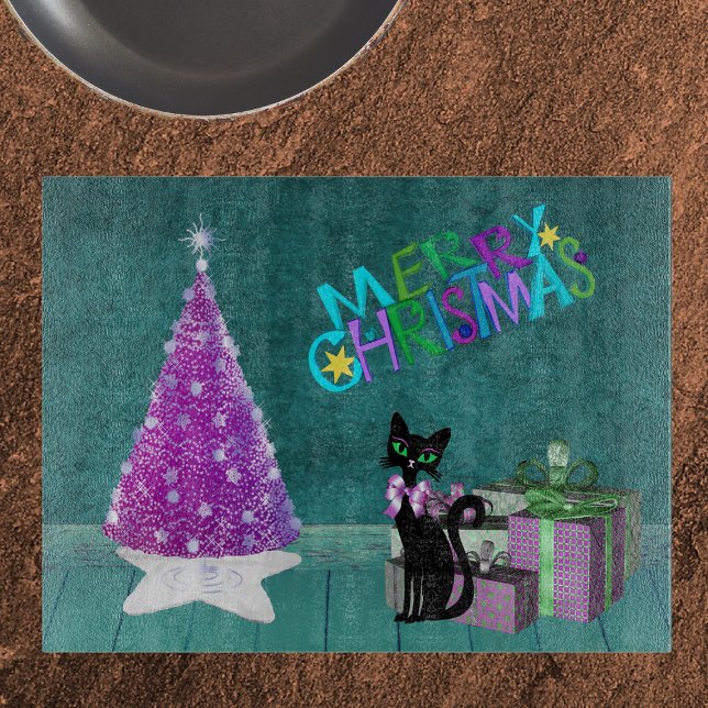 Tabla De Cortar Pink Christmas Tree Black Cat Wrapped Present Teal (Pink tree black cat with bow wrapped presents in teal coloured room on Christmas glass cutting board)