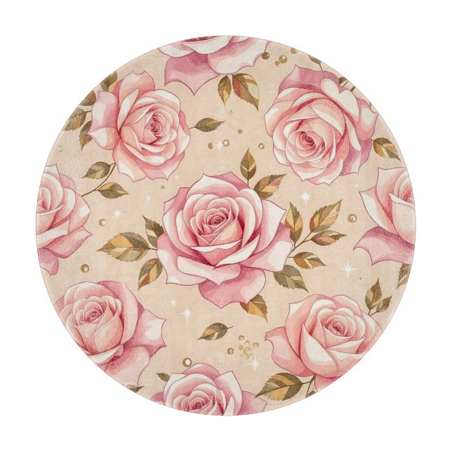 Tabla De Cortar Pink Roses Golden Leaves Pattern (Anverso)