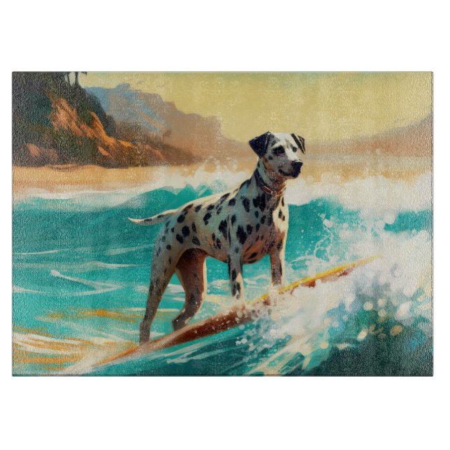 Tabla De Cortar Pintado de Dalmation Beach Surfing (Anverso)