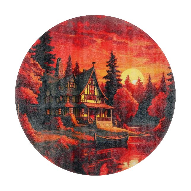 Tabla De Cortar Pintura de atardecer con cabaña y lago-66633 (Anverso)