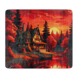 Tabla De Cortar Pintura de atardecer con cabaña y lago-66633