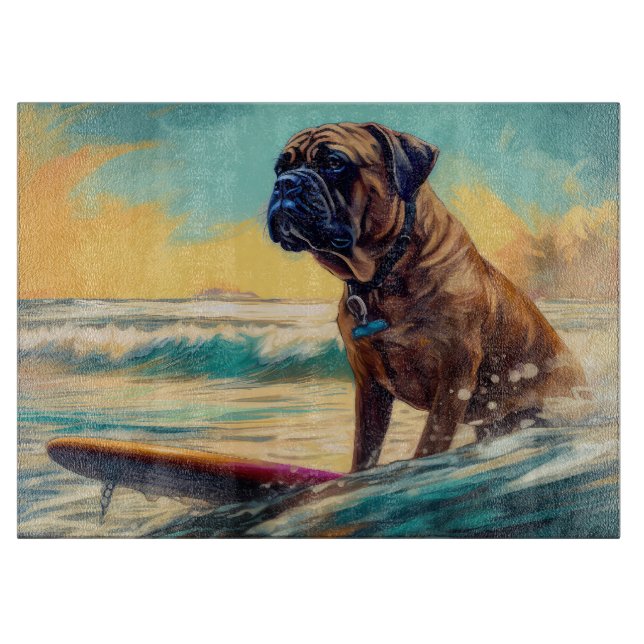 Tabla De Cortar Pintura de Bullmastiff Beach Surfing (Anverso)