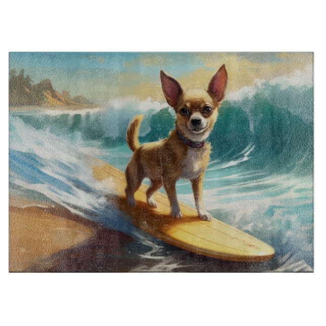 Tabla De Cortar Pintura de Chihuahua Beach Surfing (Anverso)