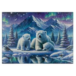 Tabla De Cortar Pintura de escena nevada de la familia del oso pol