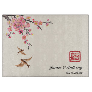 Tabla De Cortar pintura de tinta china floral aves boda