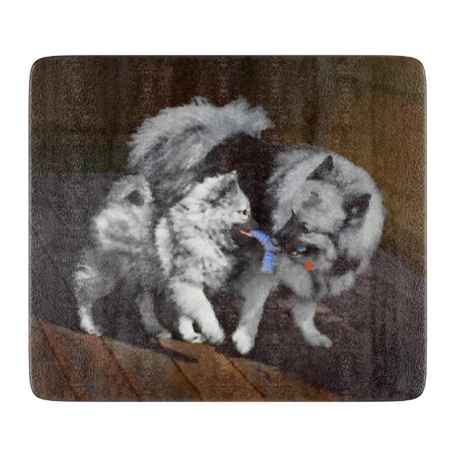 Tabla De Cortar Pintura Keeshond Playtime - Arte Perro Original. (Anverso)