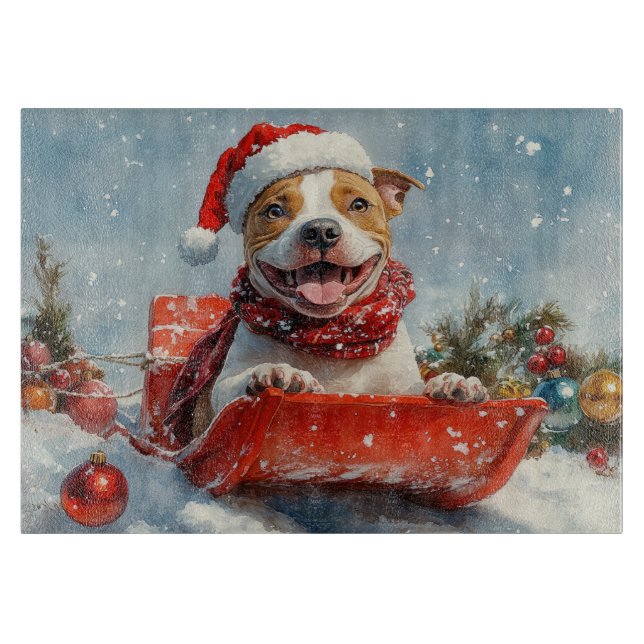 Tabla De Cortar Pitbull Perro en Trineo Deja que Nieve Navidad (Anverso)