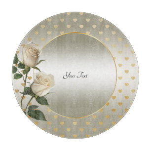 Tabla De Cortar Placa de corte de corazón de oro de rosas blancas
