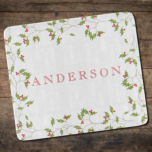 Tabla De Cortar Placa de corte editable de Holiday Holly (Christmas red holly and greenery cutting board. )