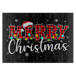 Tabla De Cortar Plaid “MERRY” with Santa Hat and Christmas Lights