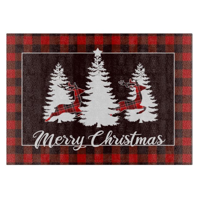 Tabla De Cortar Plaid Reindeer and Pine Trees Christmas Scene (Anverso)