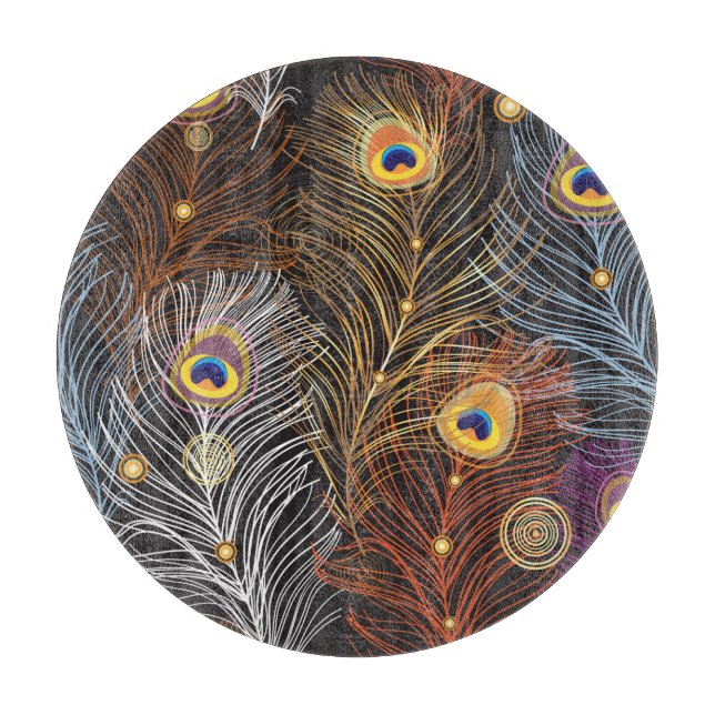 Tabla De Cortar Plumas de pavo real dorado: patrón oscuro. (Anverso)