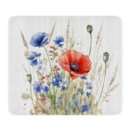 Tabla De Cortar Poppies y Cornflowers: Acuarela Rustic Meadow
