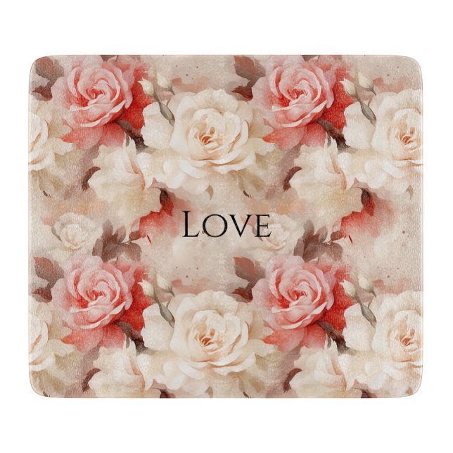Tabla De Cortar Precioso Rosado Flor de Rosa Crema (Anverso)