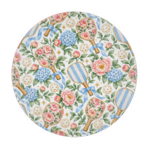 Tabla De Cortar Preppy Coastal Chic Pickleball Azul y Rosa Claro
