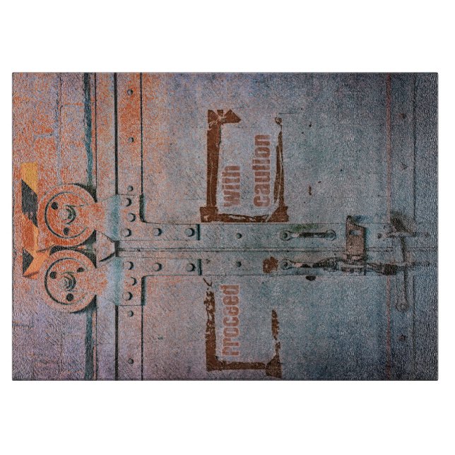 Tabla De Cortar Proceder con cautela puerta industrial gris azul (Anverso)