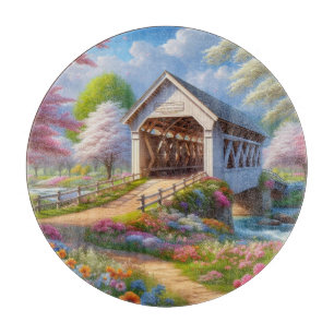 Tabla De Cortar Puente y río colorido cubierto de primavera/floral