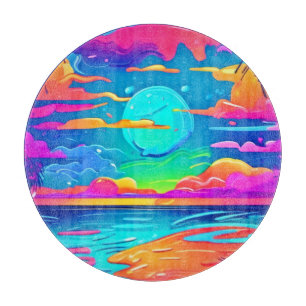 Tabla De Cortar Puesta de sol de neón vibrante sobre las olas del 