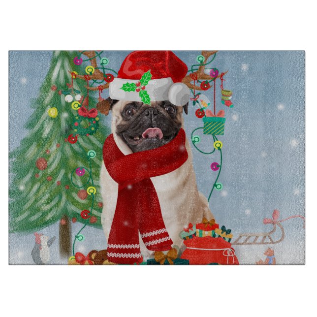 Tabla De Cortar Pug Dog en nieve con regalos de Navidades (Anverso)