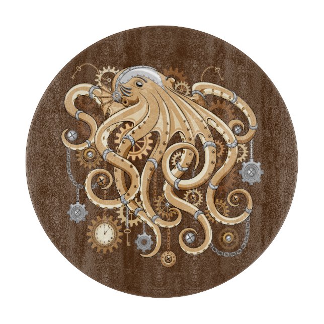 Tabla De Cortar Pulpo Steampunk Retro Fantasía Mecánica (Anverso)