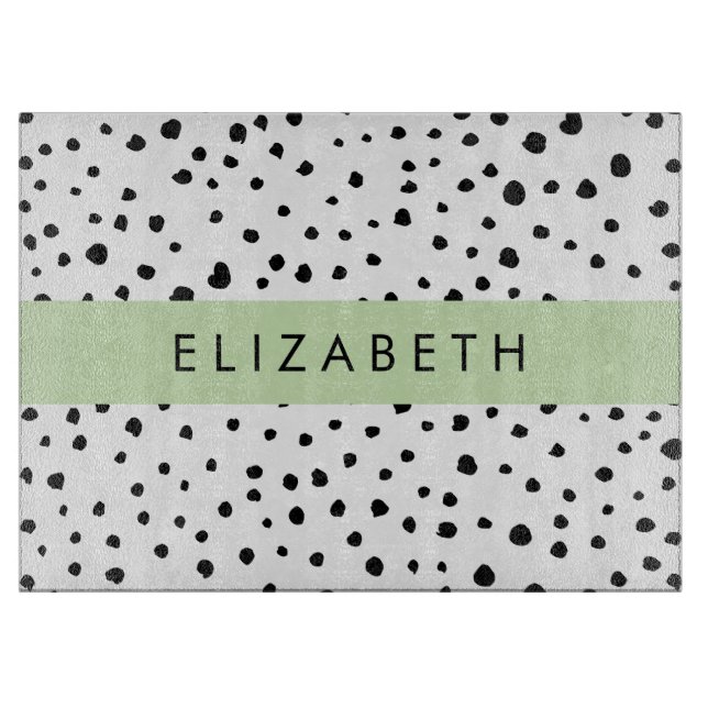 Tabla De Cortar Puntos dálmatas, puntos, negro y blanco, tu nombre (Anverso)