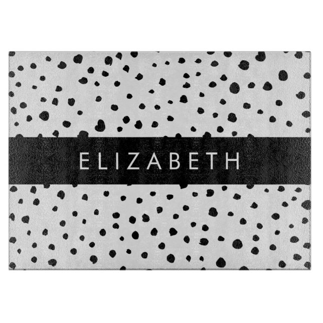 Tabla De Cortar Puntos dálmatas, puntos, negro y blanco, tu nombre (Anverso)