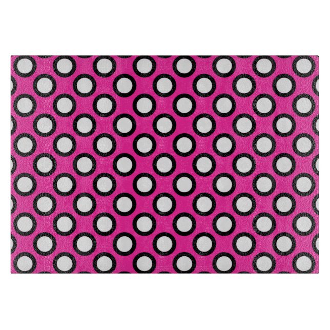 Tabla De Cortar Puntos retro en círculo, fucsia, blanco y negro (Anverso)