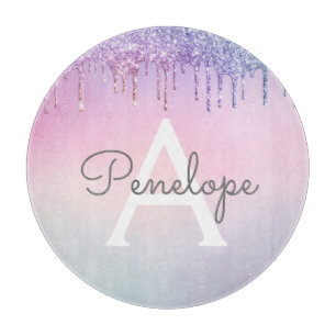 Tabla De Cortar Purpurina Arcoiris Lluvia Con Monograma