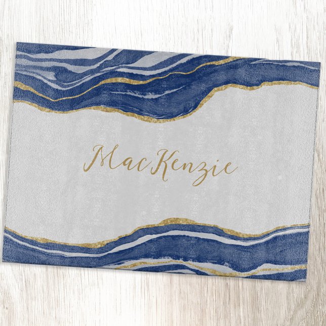 Tabla De Cortar Purpurina de oro de Blue Marble Agate (Blue agate marble watercolor personalized gold script cutting board)