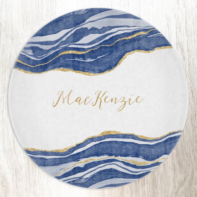 Tabla De Cortar Purpurina de oro de Blue Marble Agate (Blue watercolor agate marble with faux gold glitter accents. Personalized name cutting board.)