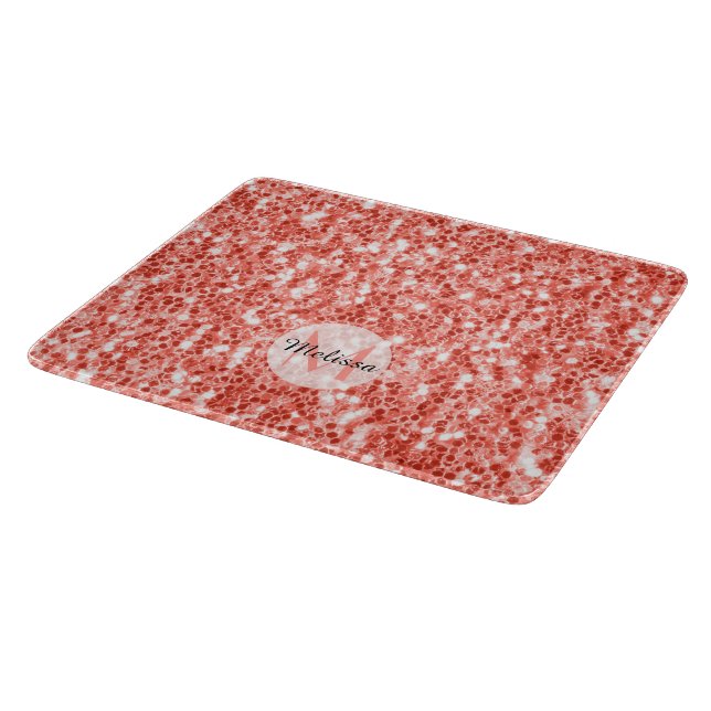 Tabla De Cortar Purpurina oscuro de coral rosa chispas Monograma (Borde)