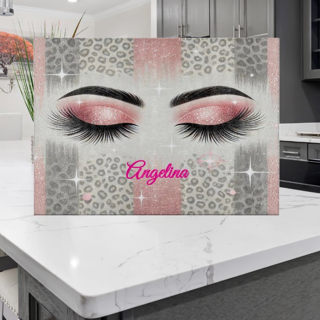 Tabla De Cortar Purpurina rosado Eyelashes (Pink glitter lashes cutting board — glam gift for bridal party, bachelorette, or birthday)