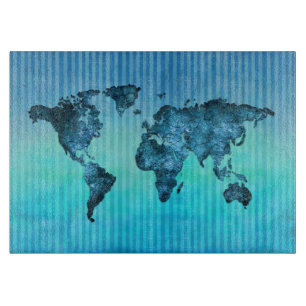 Tabla De Cortar Rayas azules de neón del mapa del mundo el