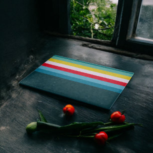 Tabla De Cortar Rayas rojas y amarillas entre tonos azules