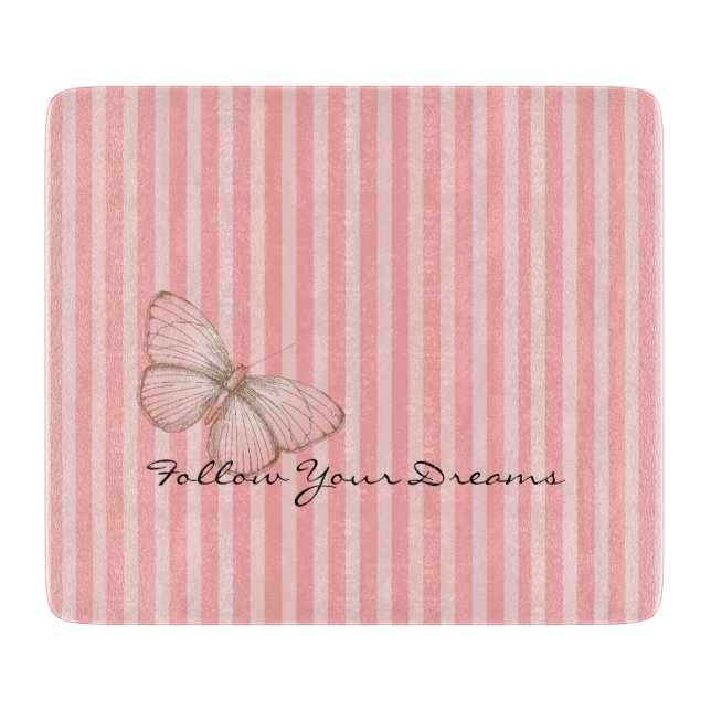 Tabla De Cortar Rayas rosadas con mariposa (Anverso)