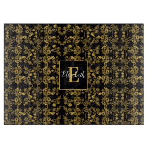 Tabla De Cortar Real Negro y Dorado Damasco Floral Nombre Personal
