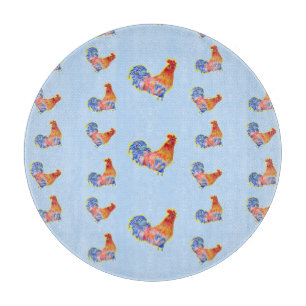 Tabla De Cortar Red Funny Rooster Cockerel Blue and White SpoCu