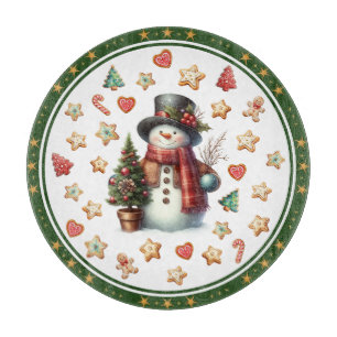 Tabla de cortar redonda hombre de nieve y galletas
