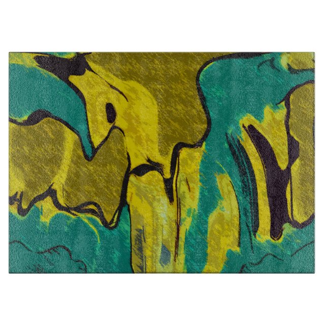 Tabla De Cortar Resumen Verde azulado amarillo mostaza (Anverso)