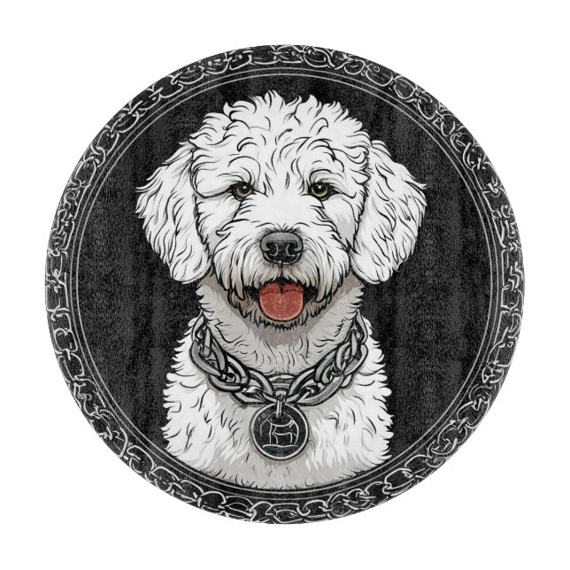 Tabla De Cortar Retrato de perro blanco con collar de cadena (Anverso)