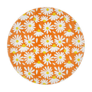 Tabla De Cortar Retro daisy floral: cosecha naranja.