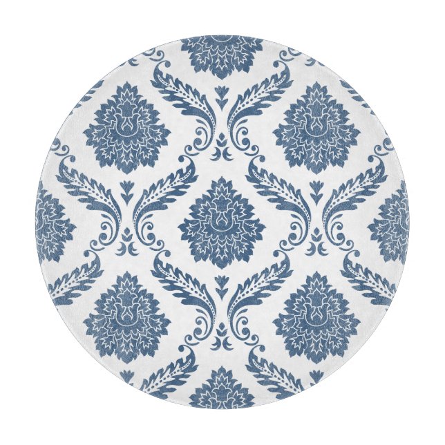 Tabla De Cortar Rococó Damask Gran Patrón Azul sobre Blanco (Anverso)