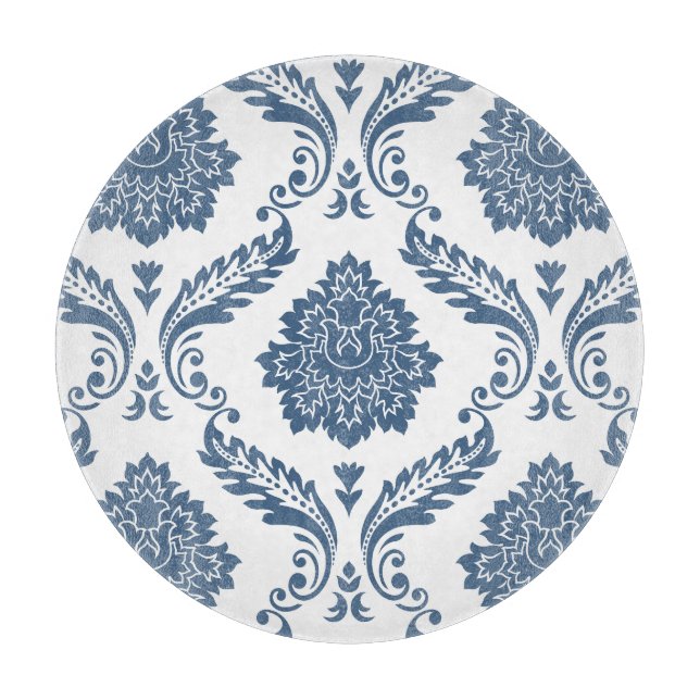 Tabla De Cortar Rococo Damask Patrón Grande Azul sobre Blanco (Anverso)