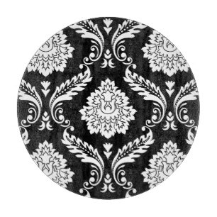 Tabla De Cortar Rococo Damask Patrón Grande Blanco sobre Negro