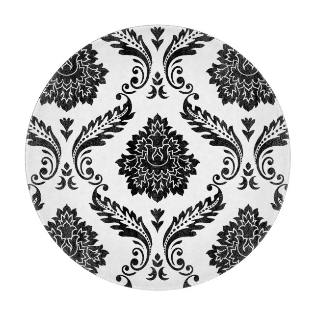 Tabla De Cortar Rococo Damask Patrón Grande Negro sobre Blanco (Anverso)