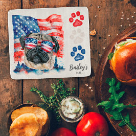 Tabla De Cortar Rojo Blanco y Azul Perro Pug Divertido 4 de Julio