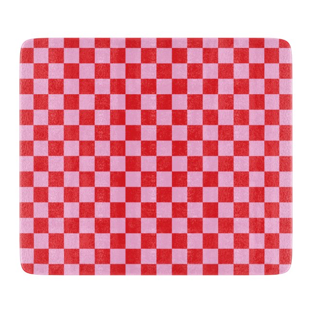 Tabla De Cortar Rojo Brillante y Cuadros Rosa Claro (Anverso)