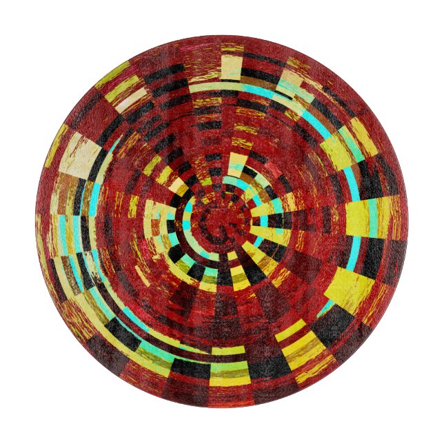 Tabla De Cortar Rojo Negro Azul Amarillo Patrón Circular Rústico (Anverso)