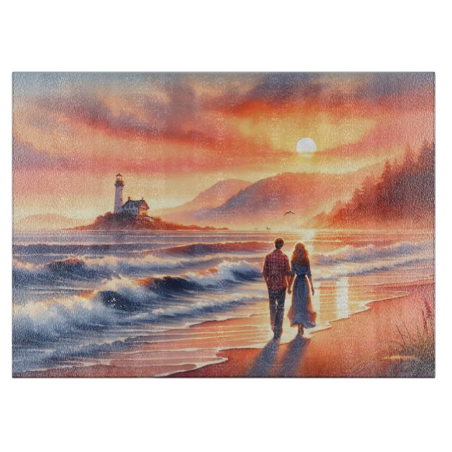 Tabla De Cortar Romantic Coastal Sunset Lighthouse Walk (Anverso)